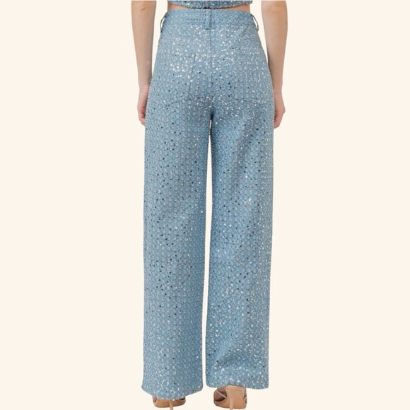 Women Sequined Denim Straight Leg Jeans Pants Size US M/6 High Waist Ripped - Picture 2 of 16